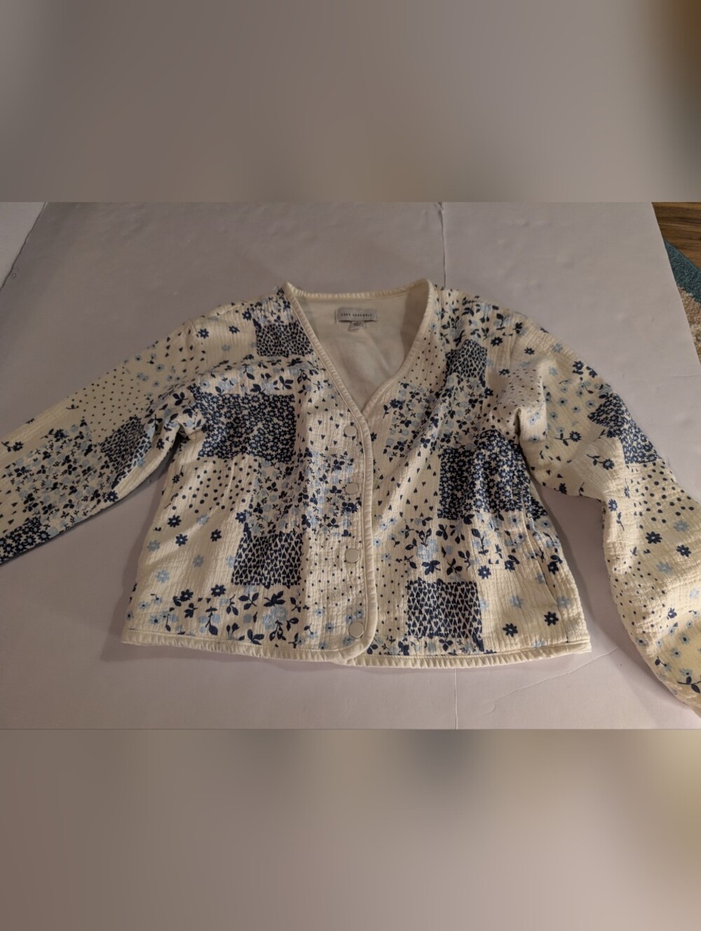 Girls' Cream Quilted Jacket with Blue Floral Patchwork Sz 10/12